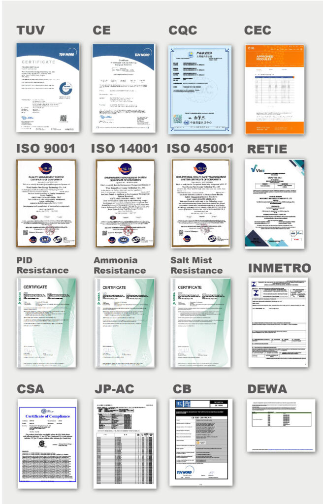 TUV /CE/CEC/IEC/JPAC/MCS/CSA/DEWA/INMETRO/ISO/DEWA/RETIRE